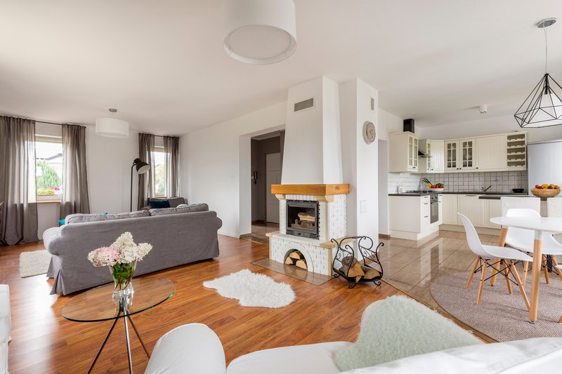 Sala de estar amplia con chimenea y luz natural